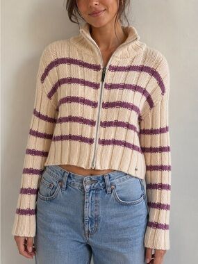 DKNY STRIPED-PATTERN CARDIGAN SWEATER
